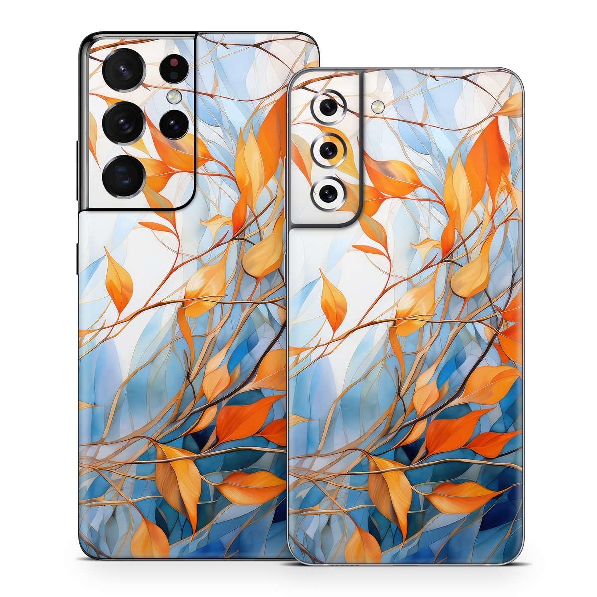 Samsung Galaxy S21 Series Skin design of Plant, Amber, Twig, Branch, Orange, Vegetation, Natural landscape, Tree, Woody plant, Deciduous, with yellow, orange, red, blue, white, purple colors