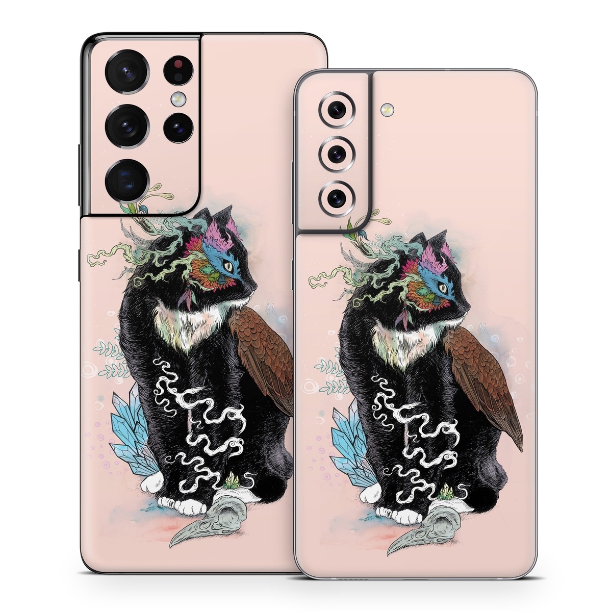 Samsung Galaxy S21 Series Skin design of Illustration, Owl, Art, Graphic design, Cat, Tail, with pink, black, brown, red, green colors