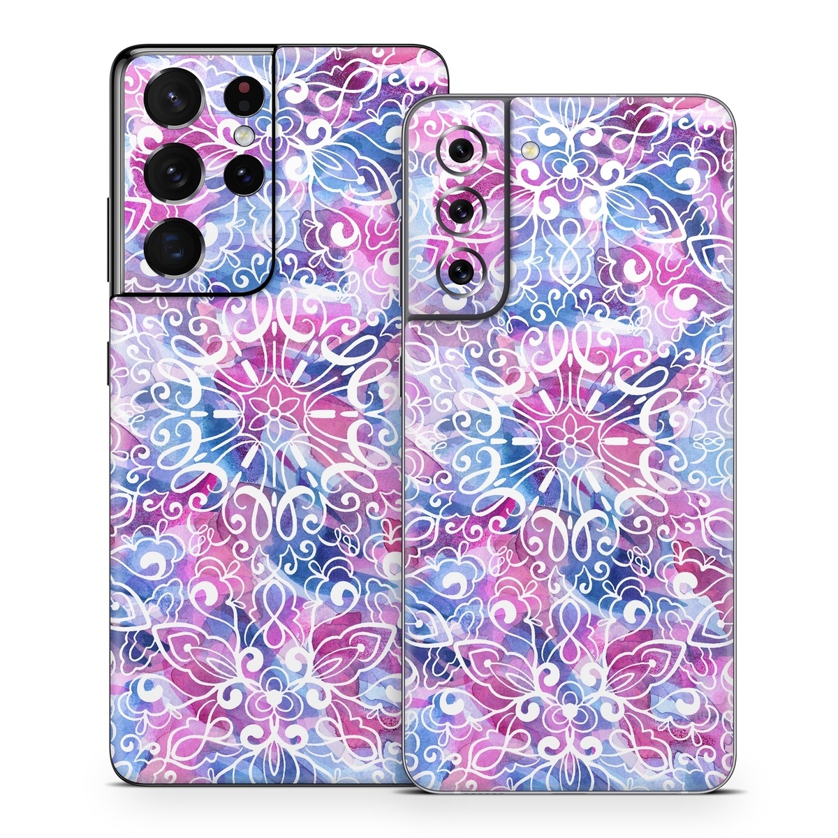 Samsung Galaxy S21 Series Skin design of Pattern, Pink, Lilac, Design, Textile, Visual arts, Motif, Floral design, Plant, with blue, pink, purple, white colors