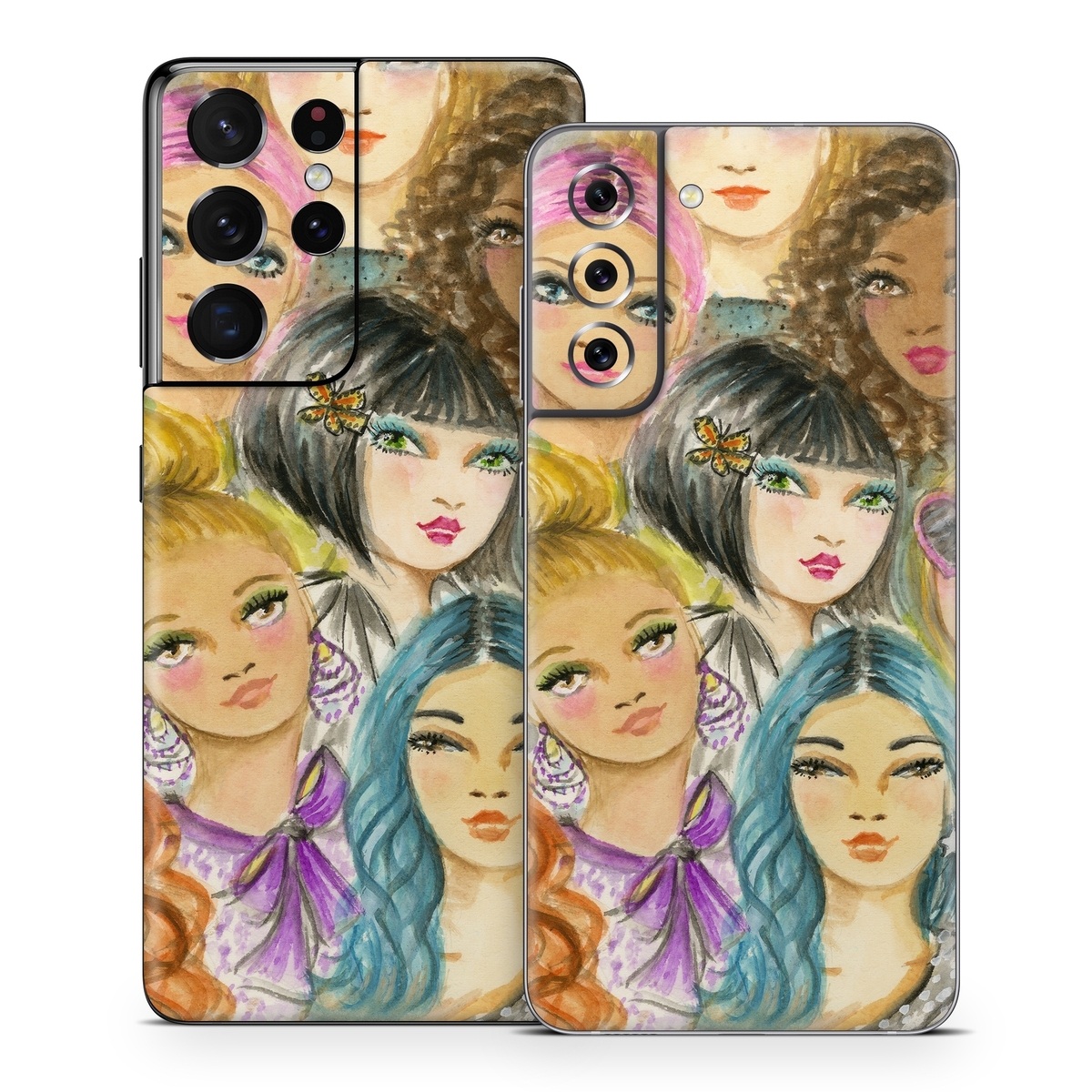 Samsung Galaxy S21 Series Skin design of Face, Hair, Head, Art, Hair coloring, Cheek, Illustration, Human, Watercolor paint, Brown hair, with white, black, brown, yellow, purple, blue, pink colors