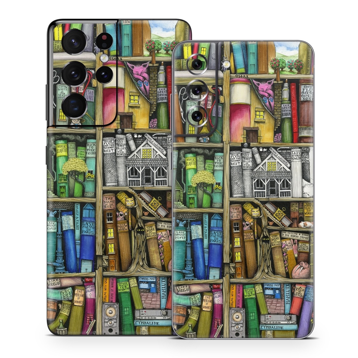 Samsung Galaxy S21 Series Skin design of Collection, Art, Visual arts, Bookselling, Shelving, Painting, Building, Shelf, Publication, Modern art, with brown, green, blue, red, pink colors