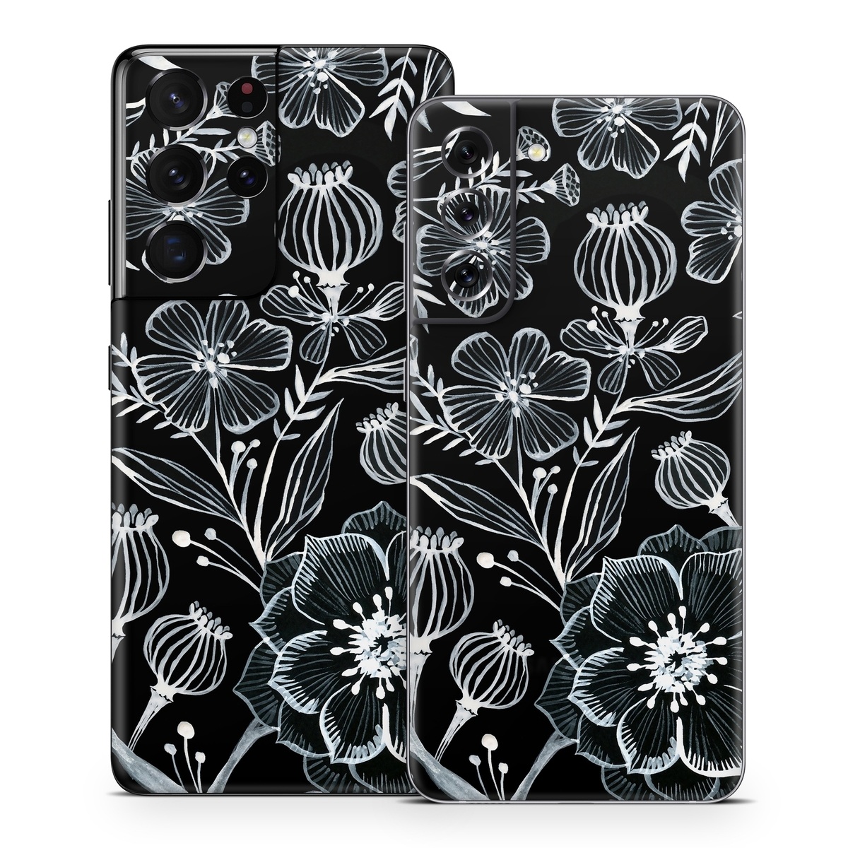 Samsung Galaxy S21 Series Skin design of Pattern, Black-and-white, Flower, Monochrome photography, Plant, Design, Monochrome, Botany, Wildflower, Visual arts, with black, white colors