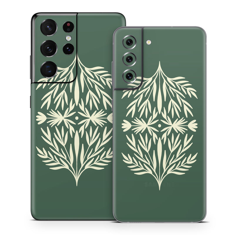 Samsung Galaxy S21 Series Skin design of Plant, Terrestrial plant, Art, Triangle, Symmetry, Pattern, Electric blue, Graphics, Grass, Visual arts, with green, white colors