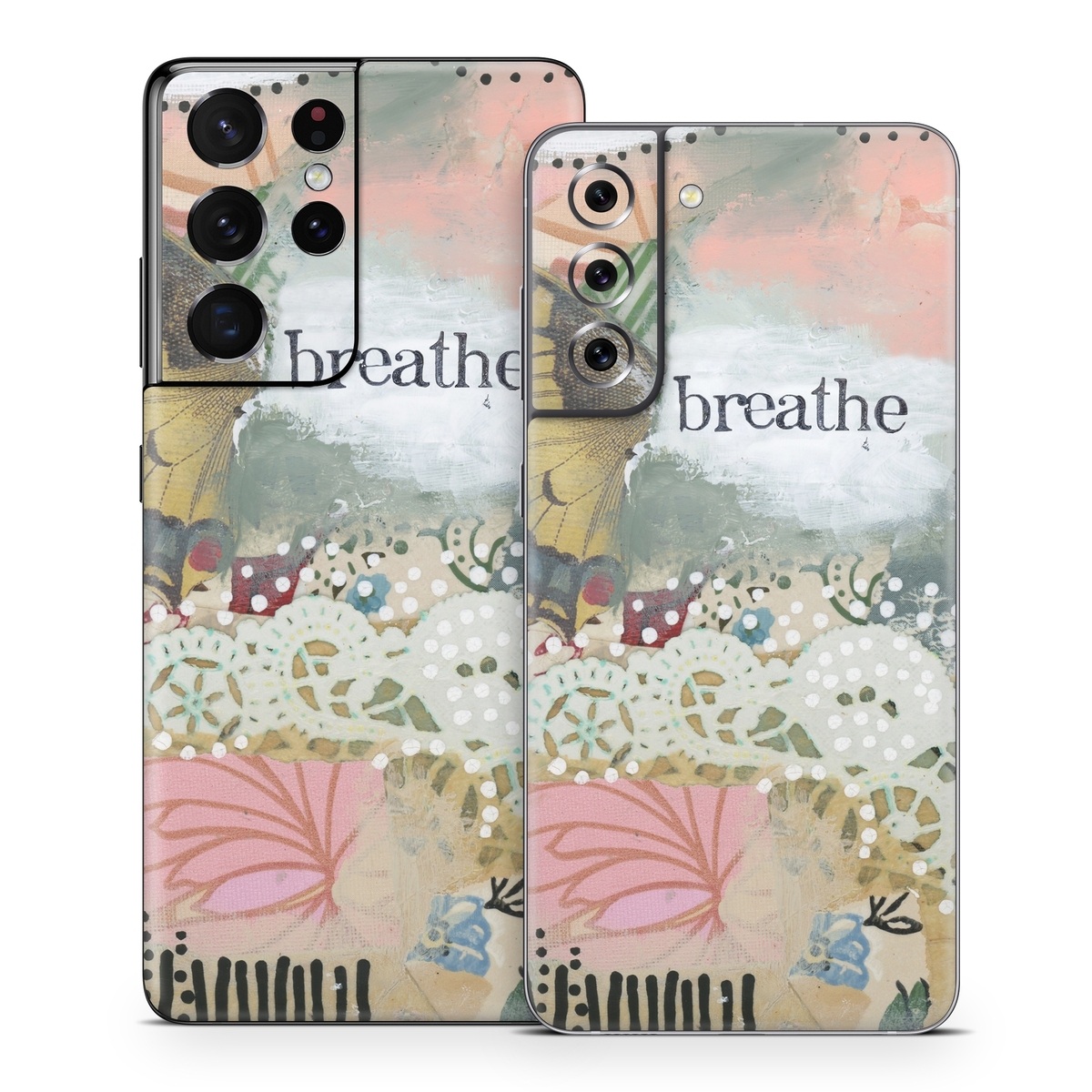 Samsung Galaxy S21 Series Skin design of Butterfly, Moths and butterflies, Insect, Pollinator, Organism, Illustration, Brush-footed butterfly, Art, Fictional character, Wildflower, with pink, brown, white, black, red, blue, green colors