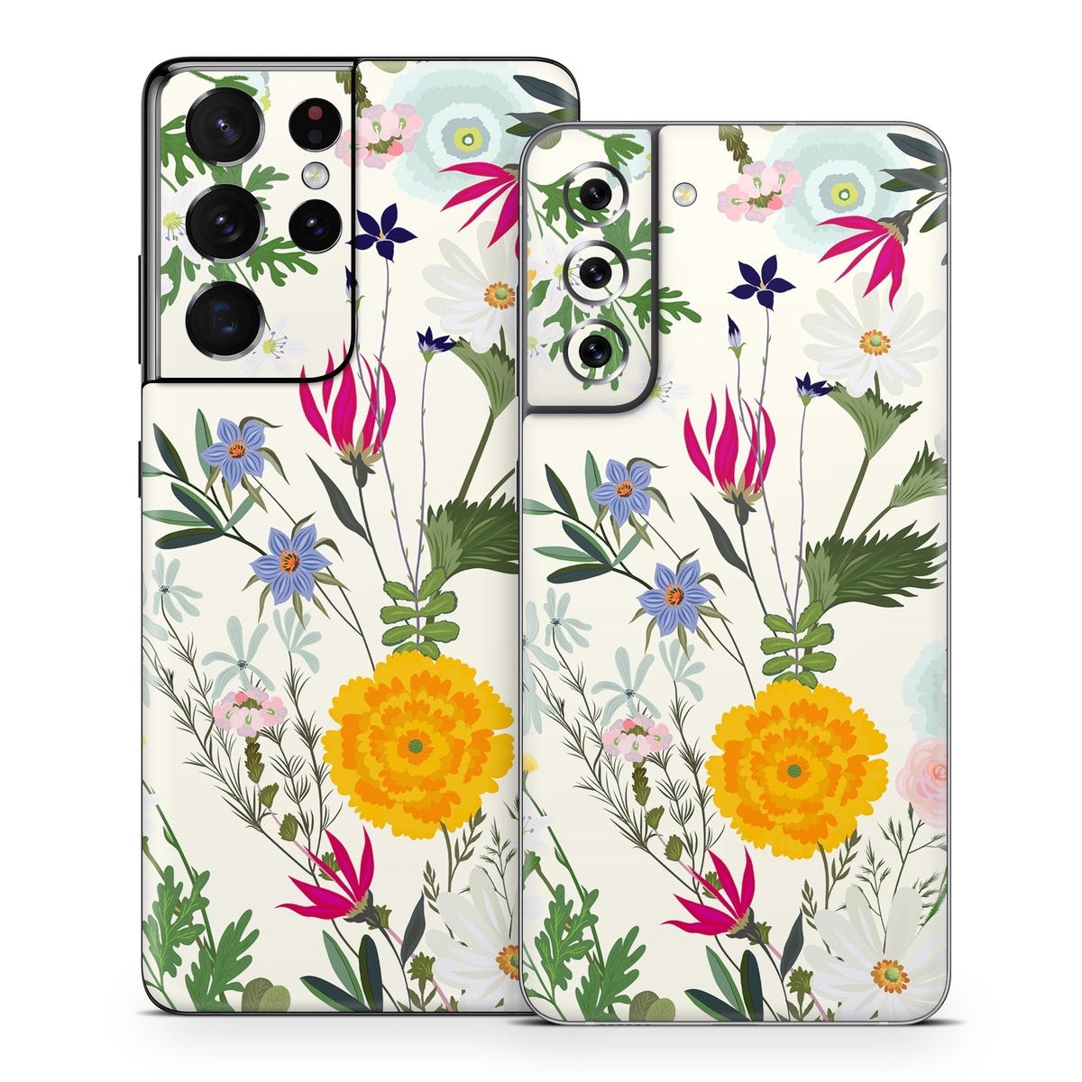 Samsung Galaxy S21 Series Skin design of Flower, Wildflower, chamomile, Floral design, Plant, camomile, Botany, Clip art, Cut flowers, Daisy, with white, green, pink, orange, yellow, red colors