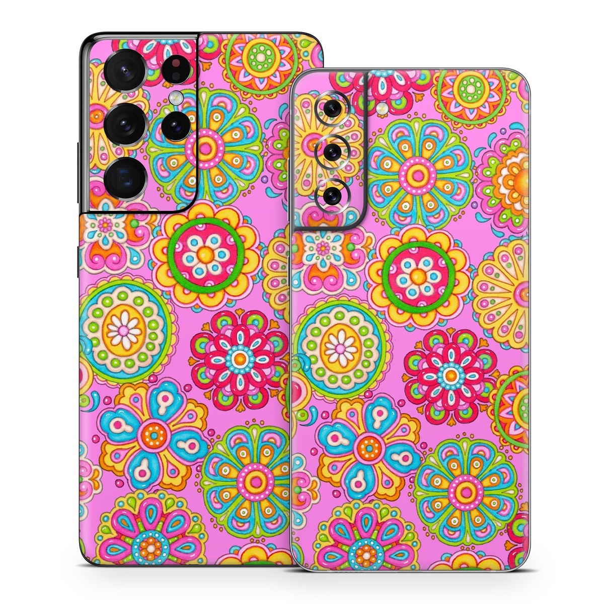 Samsung Galaxy S21 Series Skin design of Pattern, Design, Textile, Visual arts, Wrapping paper, Motif, Pedicel, with pink, red, orange, yellow, green, blue, purple colors