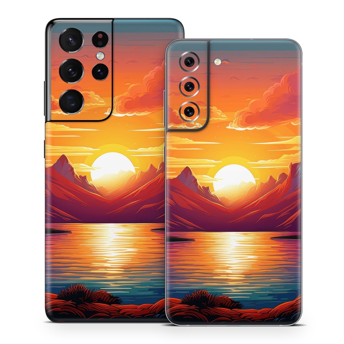Samsung Galaxy S21 Series Skin design of Water, Cloud, Sky, Ecoregion, Afterglow, Light, World, Nature, Natural landscape, Mountain, with red, orange, yellow, blue, purple colors