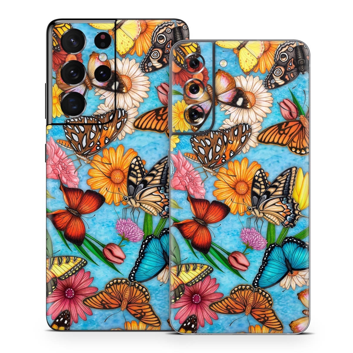 Samsung Galaxy S21 Series Skin design of Cynthia (subgenus), Butterfly, Monarch butterfly, Moths and butterflies, Brush-footed butterfly, Pollinator, Insect, Pattern, Design, Organism, with blue, pink, orange, yellow, red colors