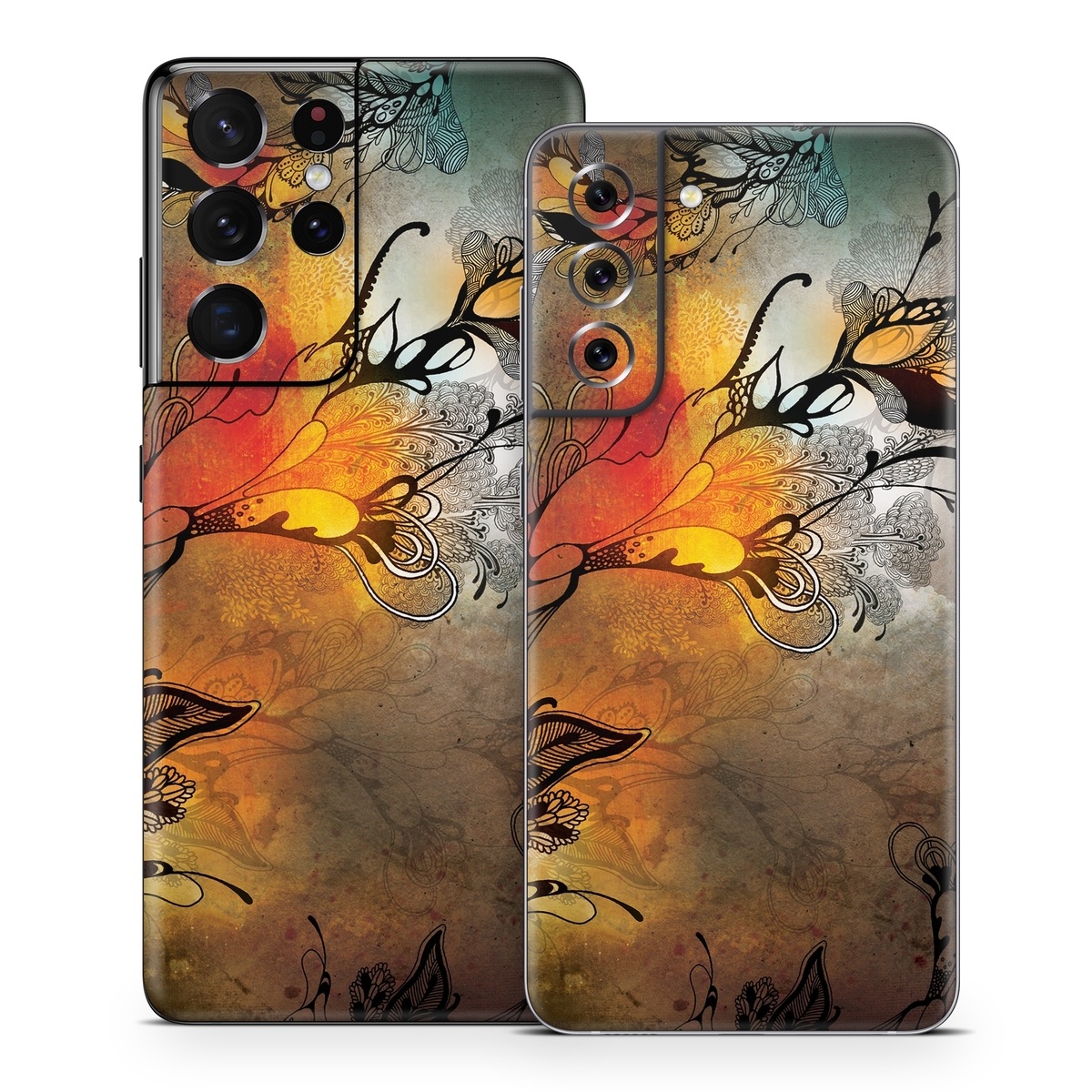 Samsung Galaxy S21 Series Skin design of Yellow, Orange, Art, Branch, Leaf, Graphic design, Visual arts, Pattern, Design, Modern art, with black, red, orange, yellow colors