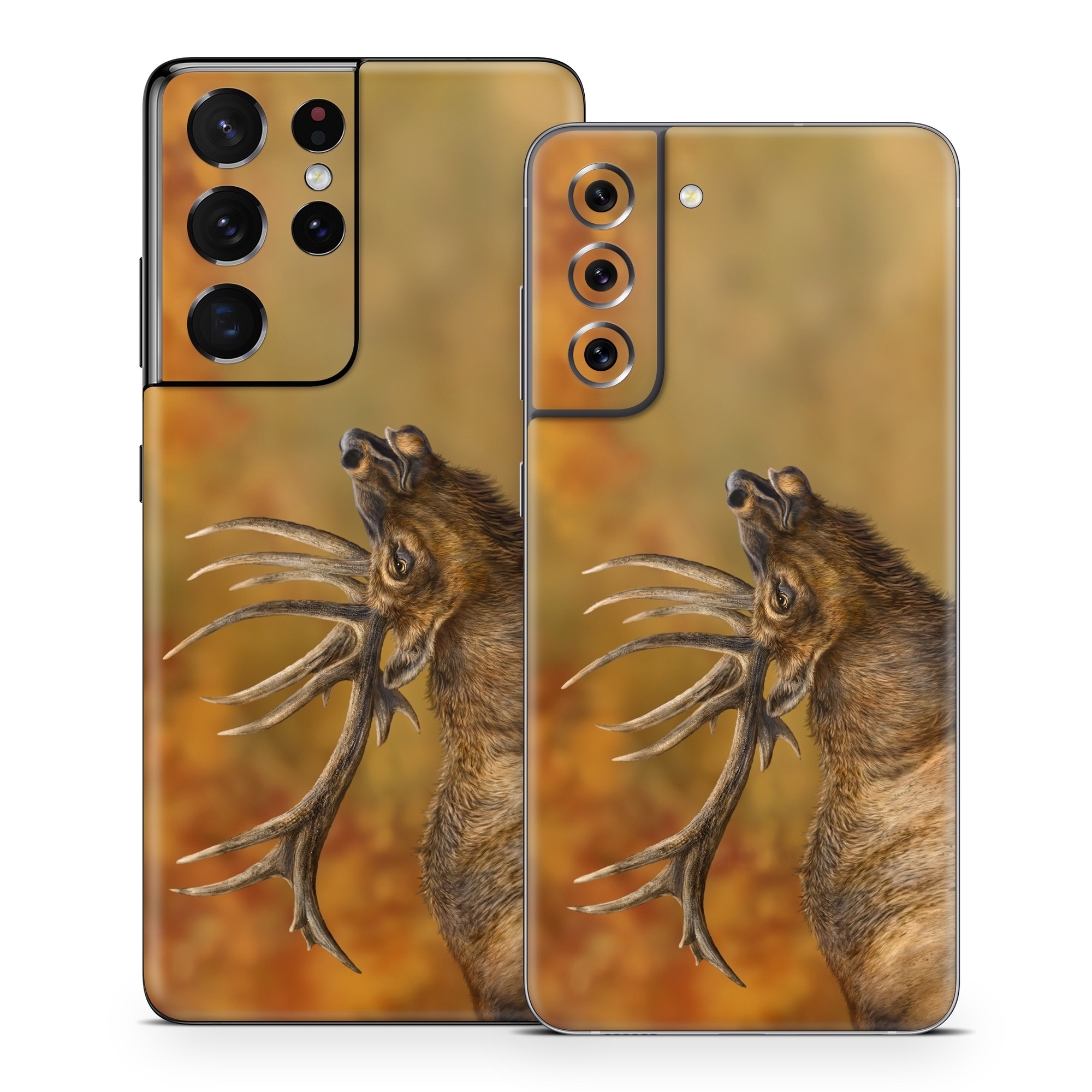 Samsung Galaxy S21 Series Skin design of Head, Deer, Natural material, Barren ground Caribou, Fawn, Terrestrial animal, Horn, Elk, Snout, Reindeer, with brown, black, orange, yellow, gray colors