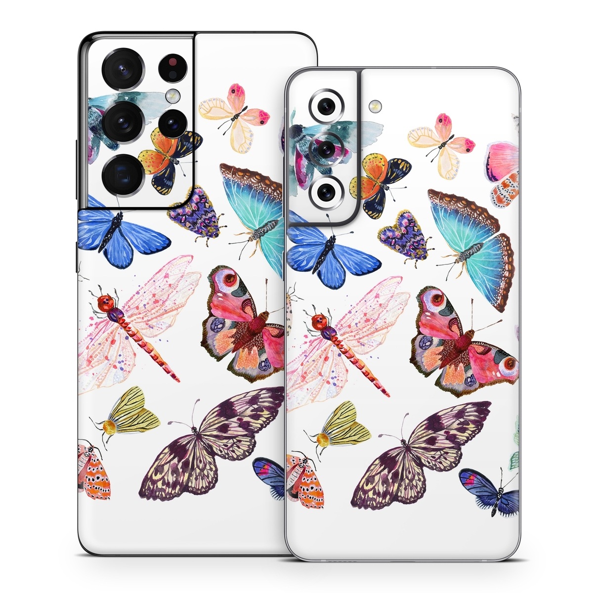 Samsung Galaxy S21 Series Skin design of Butterfly, Pollinator, Insect, Arthropod, Organism, Moths and butterflies, Art, Symmetry, Wing, Illustration, with white, blue, green, red, yellow, orange, pink, brown, purple colors