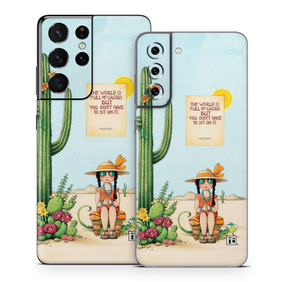 Samsung Galaxy S21 Series Skin design of Cartoon, Cactus, Illustration, Animated cartoon, Plant, Vegetable, Fictional character, Art, with green, yellow, pink, orange, brown colors