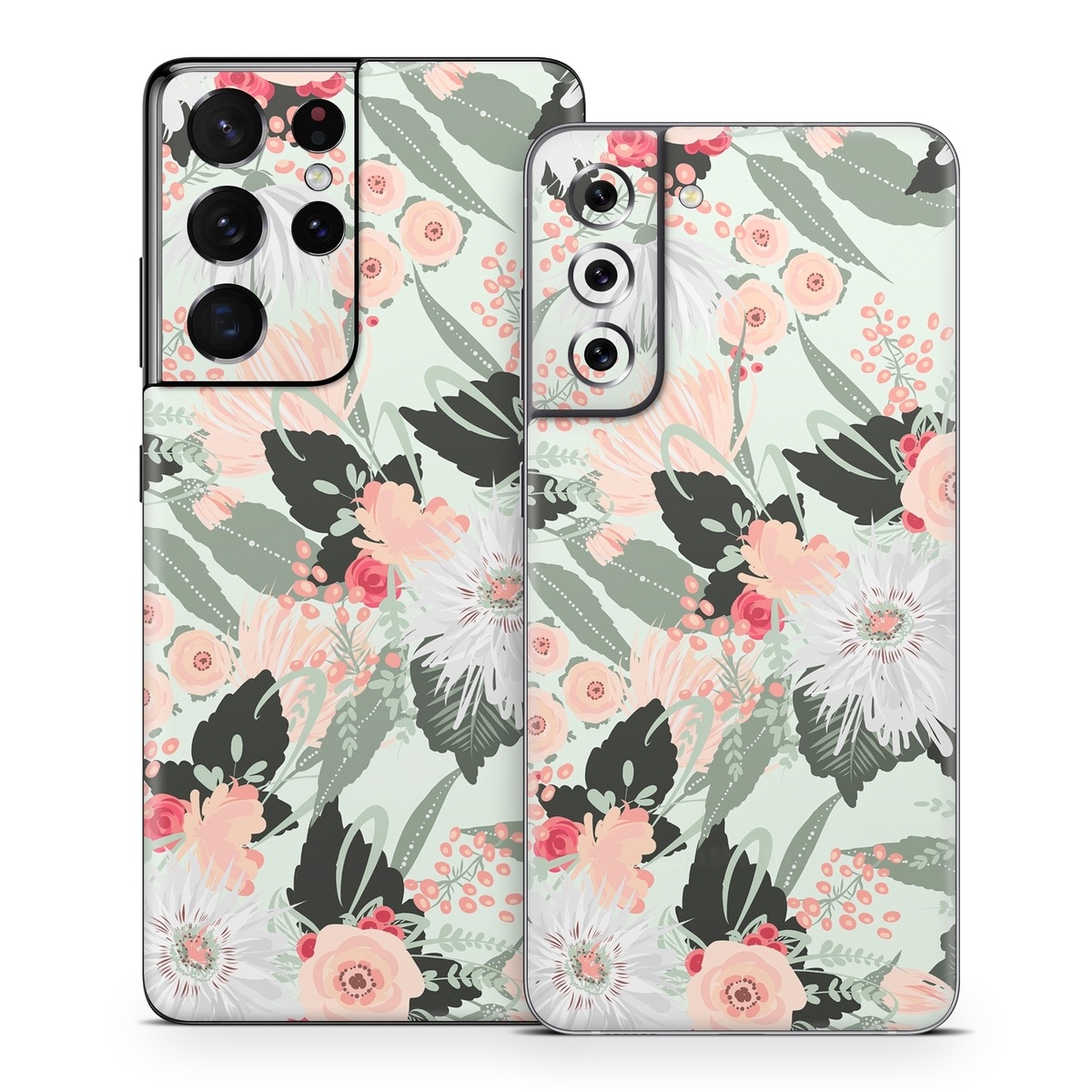 Samsung Galaxy S21 Series Skin design of Pattern, Pink, Floral design, Design, Textile, Wrapping paper, Plant, Peach, Flower, with green, red, white, pink colors
