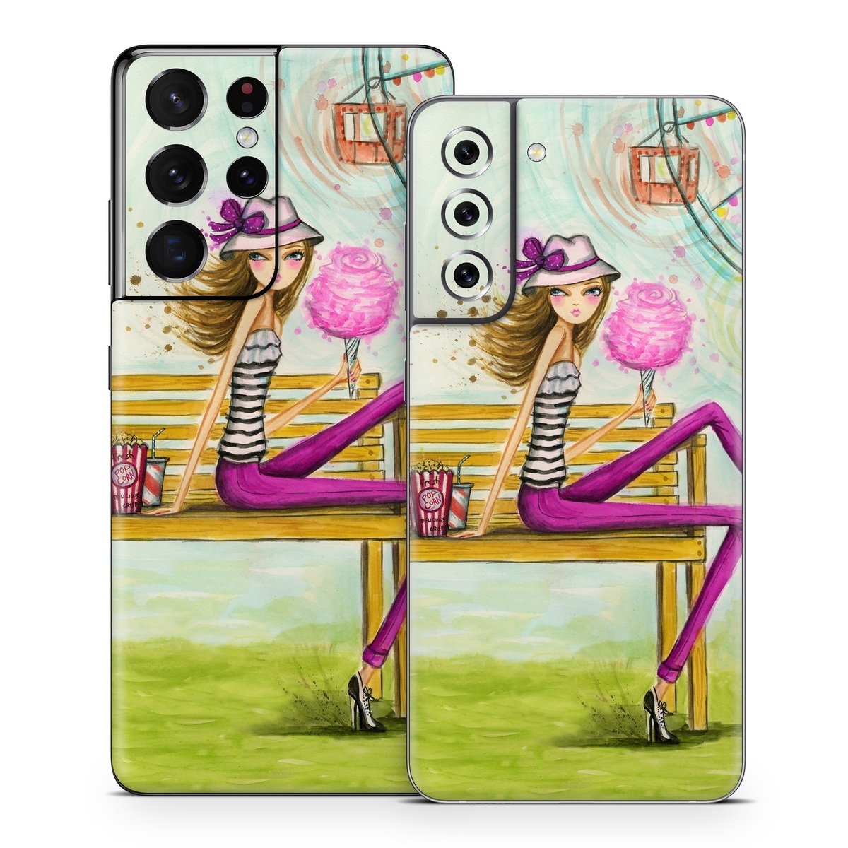 Samsung Galaxy S21 Series Skin design of Illustration, Fashion illustration, Art, Sitting, Watercolor paint, Plant, Graphic design, Style, Painting, with green, yellow, blue, pink, purple, black, white, orange colors