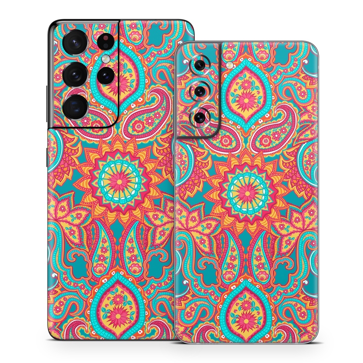Samsung Galaxy S21 Series Skin design of Pattern, Paisley, Motif, Visual arts, Design, Art, Textile, Psychedelic art, with orange, yellow, blue, red colors