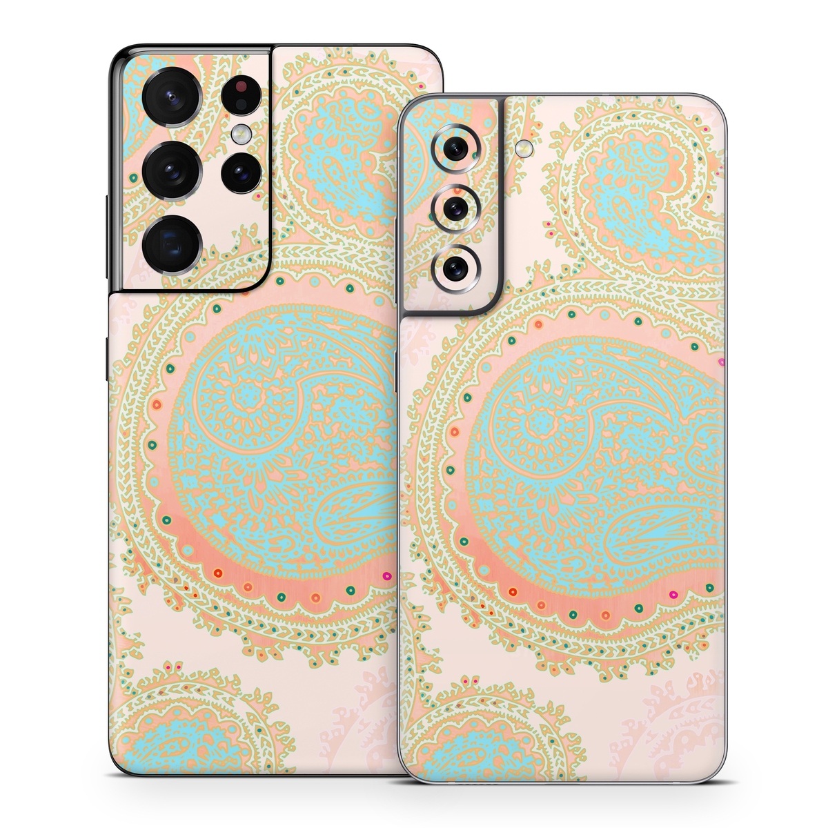 Samsung Galaxy S21 Series Skin design of Pattern, Visual arts, Paisley, Pink, Design, Motif, Line, Wallpaper, Peach, with pink, blue, red colors