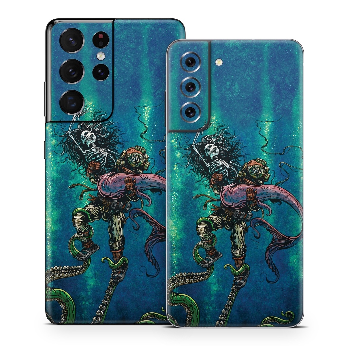 Samsung Galaxy S21 Series Skin design of Water, Fluid, Underwater, Marine invertebrates, Marine biology, Electric blue, Liquid, Recreation, Underwater diving, Art, with blue, green, orange, purple, pink, black, white, gray colors