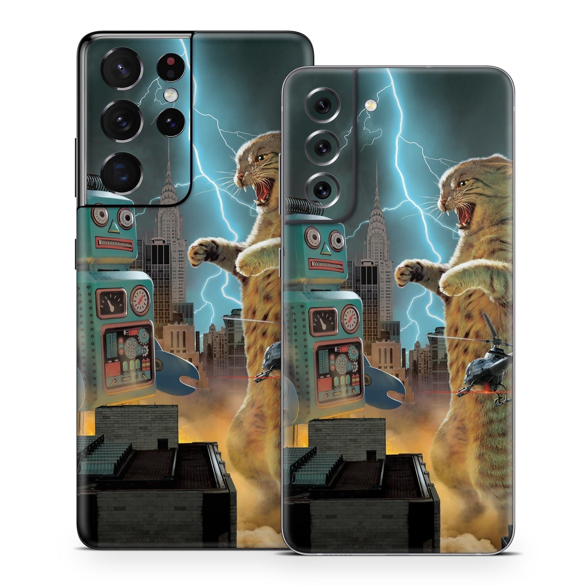 Samsung Galaxy S21 Series Skin design of Lightning, Felidae, Carnivore, Art, Whiskers, Big cats, Cg artwork, Terrestrial animal, Small to medium-sized cats, Thunder, with black, blue, red, yellow, white, brown, gray, orange colors