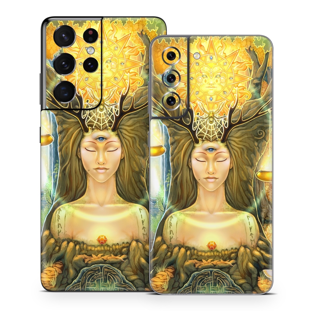 Samsung Galaxy S21 Series Skin design of Painting, Art, Illustration, Plant, Fictional character, Mythology, Cg artwork, Visual arts, Glass, Drawing, with yellow, green, brown, pink, orange, black colors