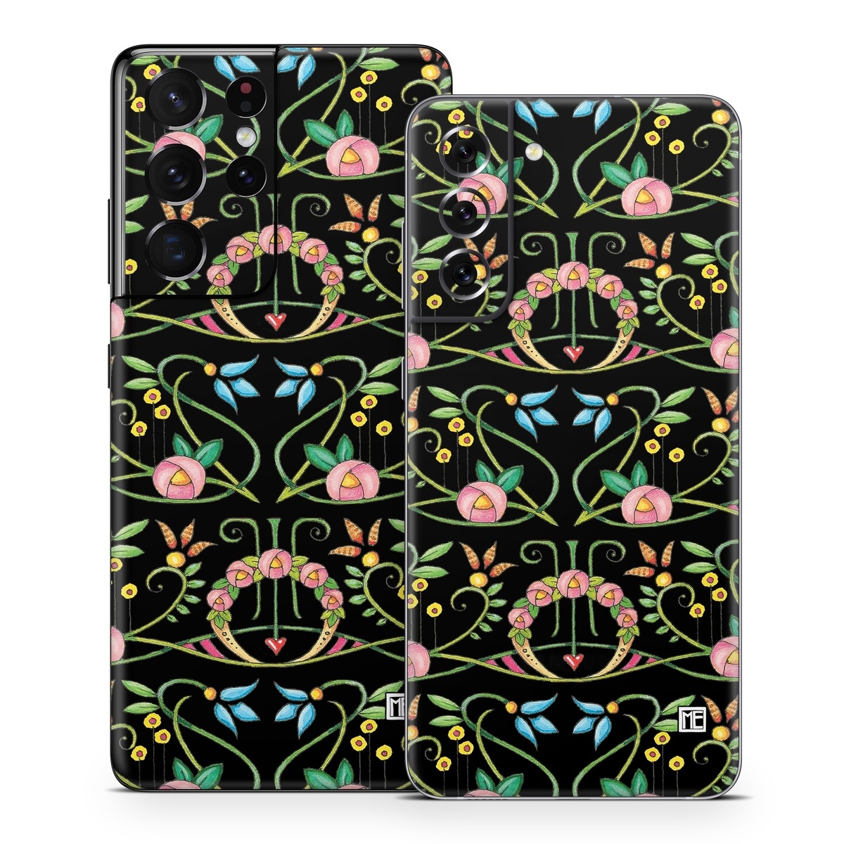 Samsung Galaxy S21 Series Skin design of Flower, Rectangle, Textile, Ornament, Plant, Line, Motif, Creative arts, Art, Pattern, with black, pink, blue, green, yellow colors