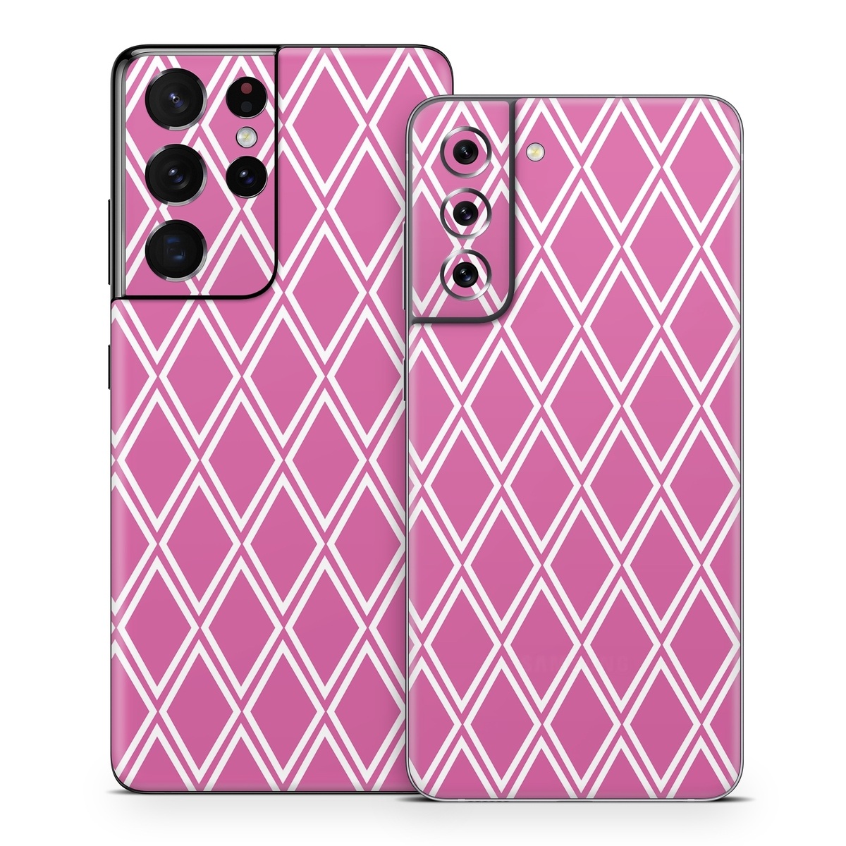 Samsung Galaxy S21 Series Skin design of Pink, Rectangle, Font, Material property, Magenta, Symmetry, Parallel, Pattern, Peach, Circle, with pink, white colors