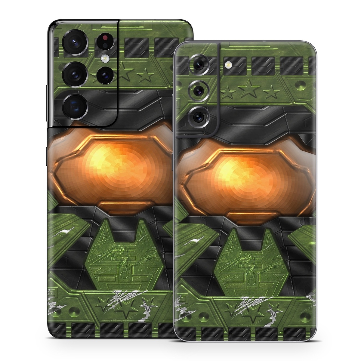 Samsung Galaxy S21 Series Skin design of Green, Fictional character, Games, Fiction, Pc game, Illustration, Strategy video game, Digital compositing, Art, Screenshot, with green, yellow, orange, black colors