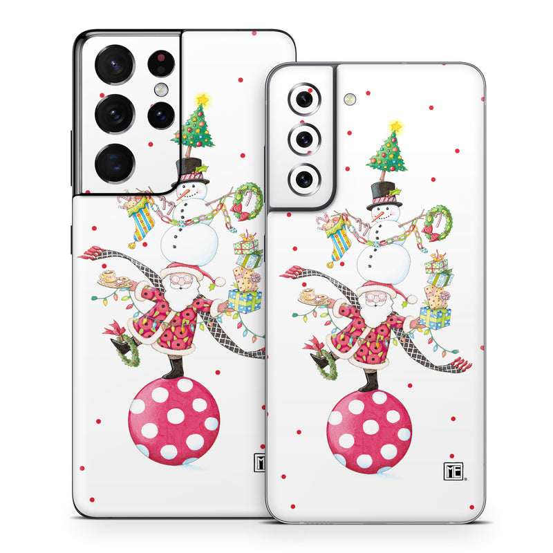 Samsung Galaxy S21 Series Skin design of Snowman, Holiday ornament, Christmas ornament, Creative arts, Christmas decoration, Ornament, Pattern, Event, Art, Circle, with white, red, yellow, green, orange, black, blue colors