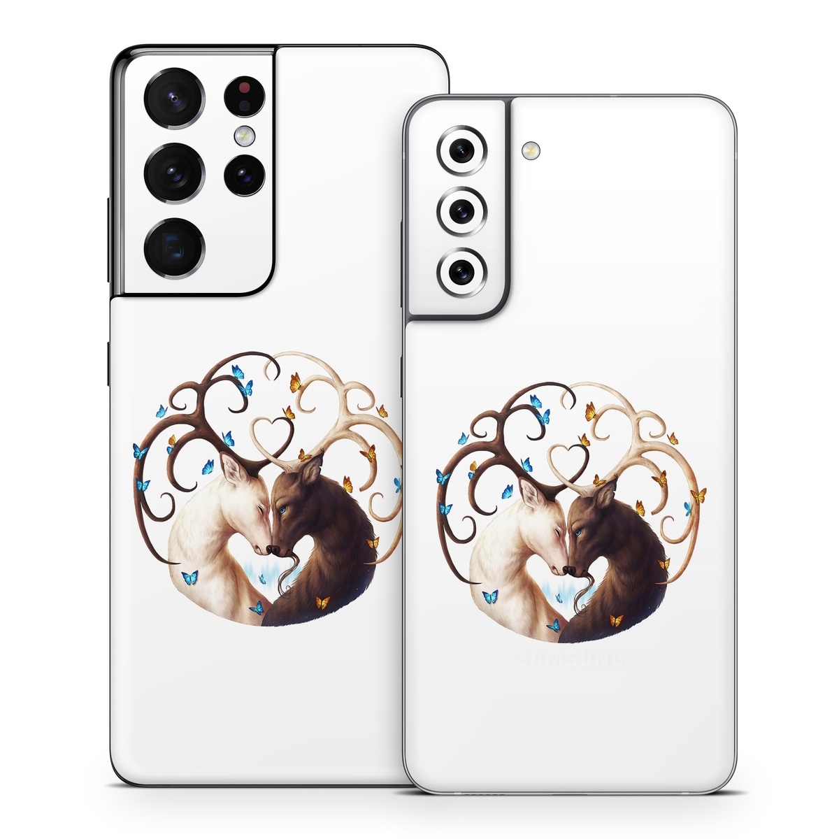 Samsung Galaxy S21 Series Skin design of Gesture, Fawn, Serveware, Horn, Font, Art, Mythical creature, Dishware, Tail, Drinkware, with white, brown, blue, yellow, orange colors