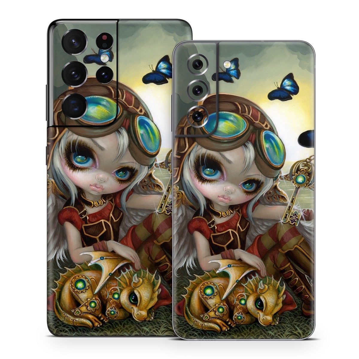 Samsung Galaxy S21 Series Skin design of Cg artwork, Illustration, Fictional character, Art, Mythology, Games, Massively multiplayer online role-playing game, with black, green, red, yellow, brown, blue colors