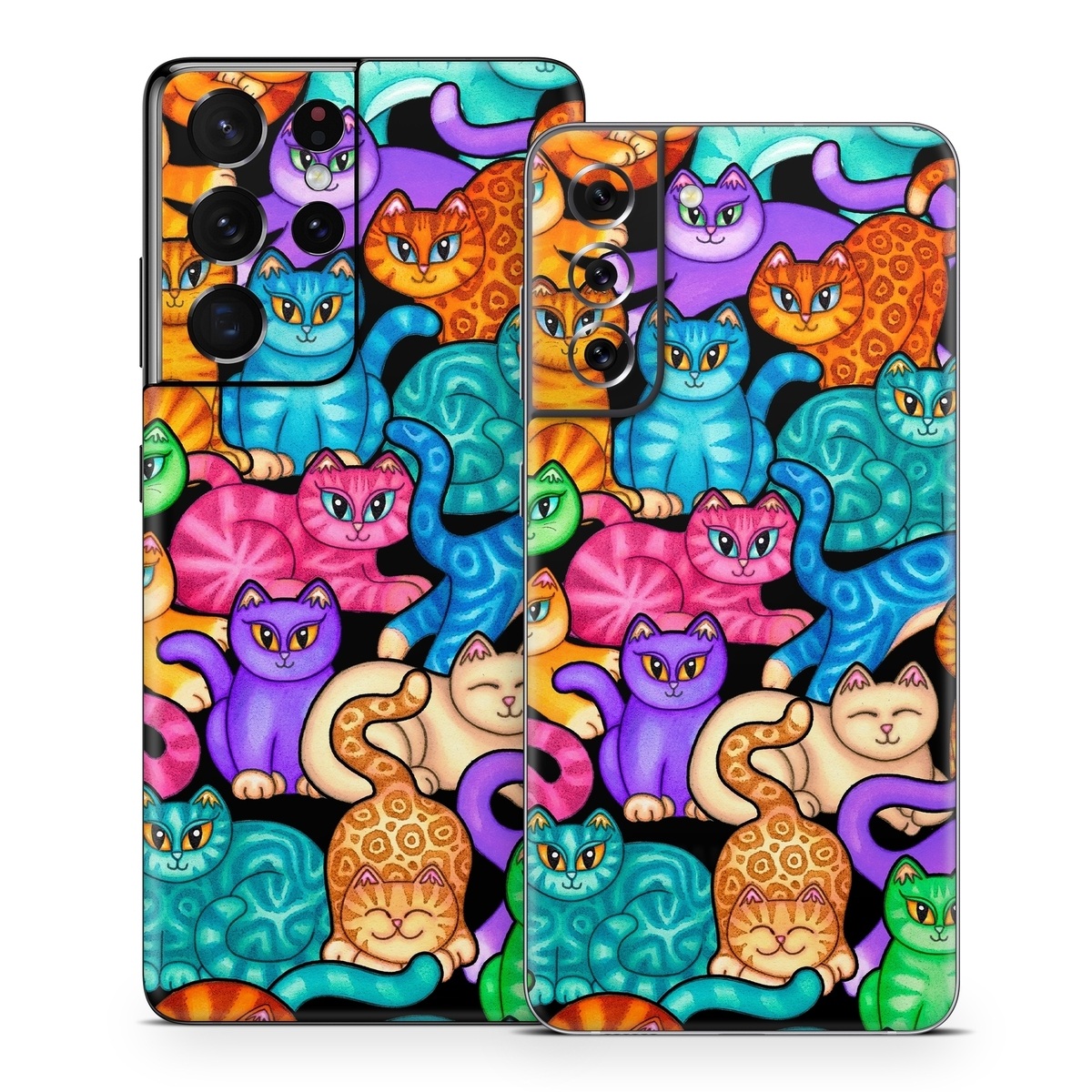 Samsung Galaxy S21 Series Skin design of Cat, Cartoon, Felidae, Organism, Small to medium-sized cats, Illustration, Animated cartoon, Wildlife, Kitten, Art, with black, blue, red, purple, green, brown colors