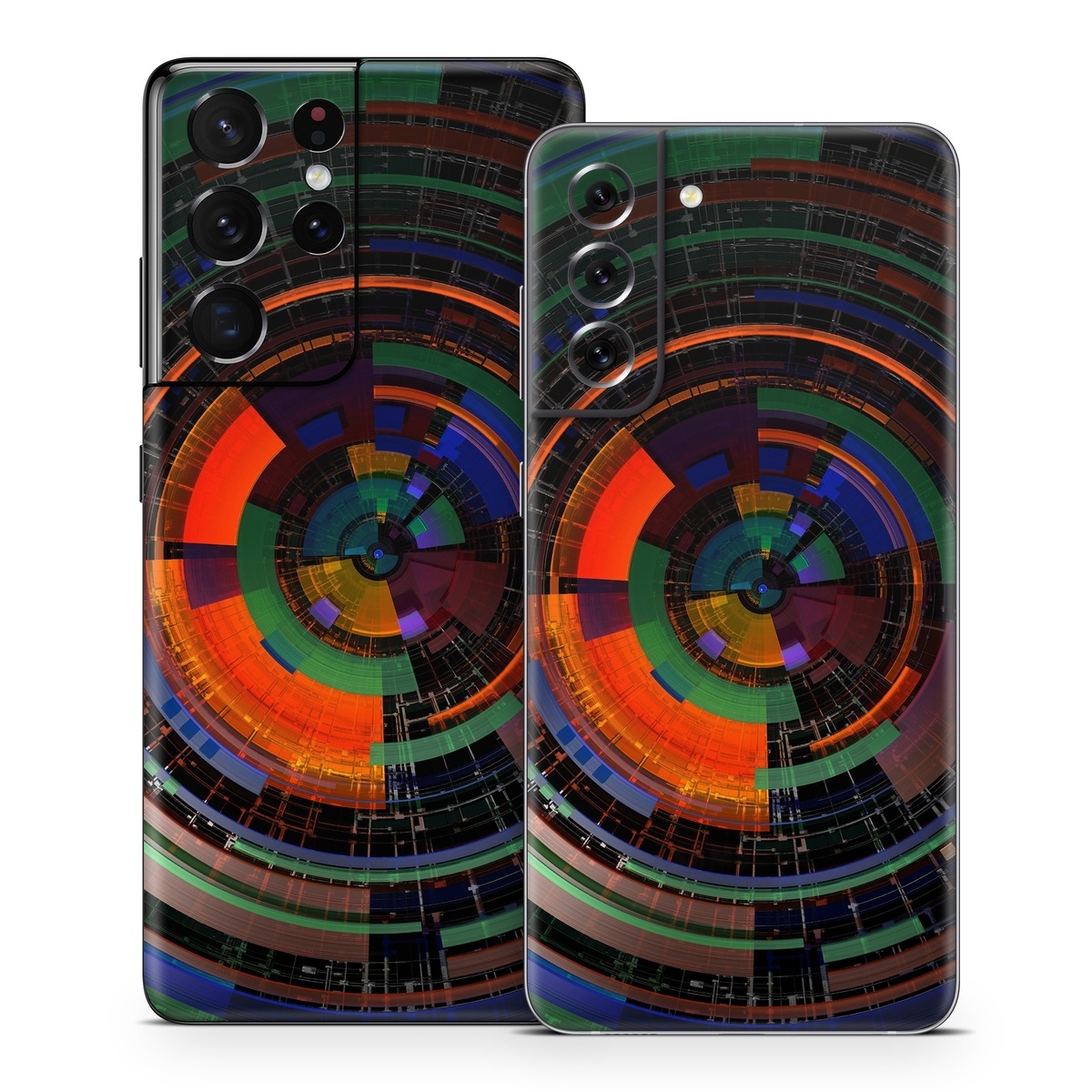 Samsung Galaxy S21 Series Skin design of Colorfulness, Pattern, Circle, Design, Architecture, Symmetry, Art, Spiral, Psychedelic art, with black, red, blue, green, orange, brown colors