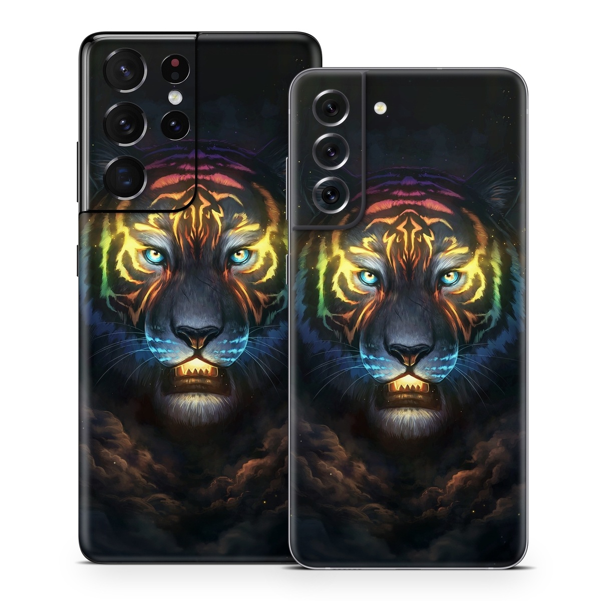Samsung Galaxy S21 Series Skin design of Felidae, Vertebrate, Carnivore, Organism, Painting, Roar, Bengal tiger, Big cats, Art, Whiskers, with black, yellow, orange, red, green, purple, blue colors