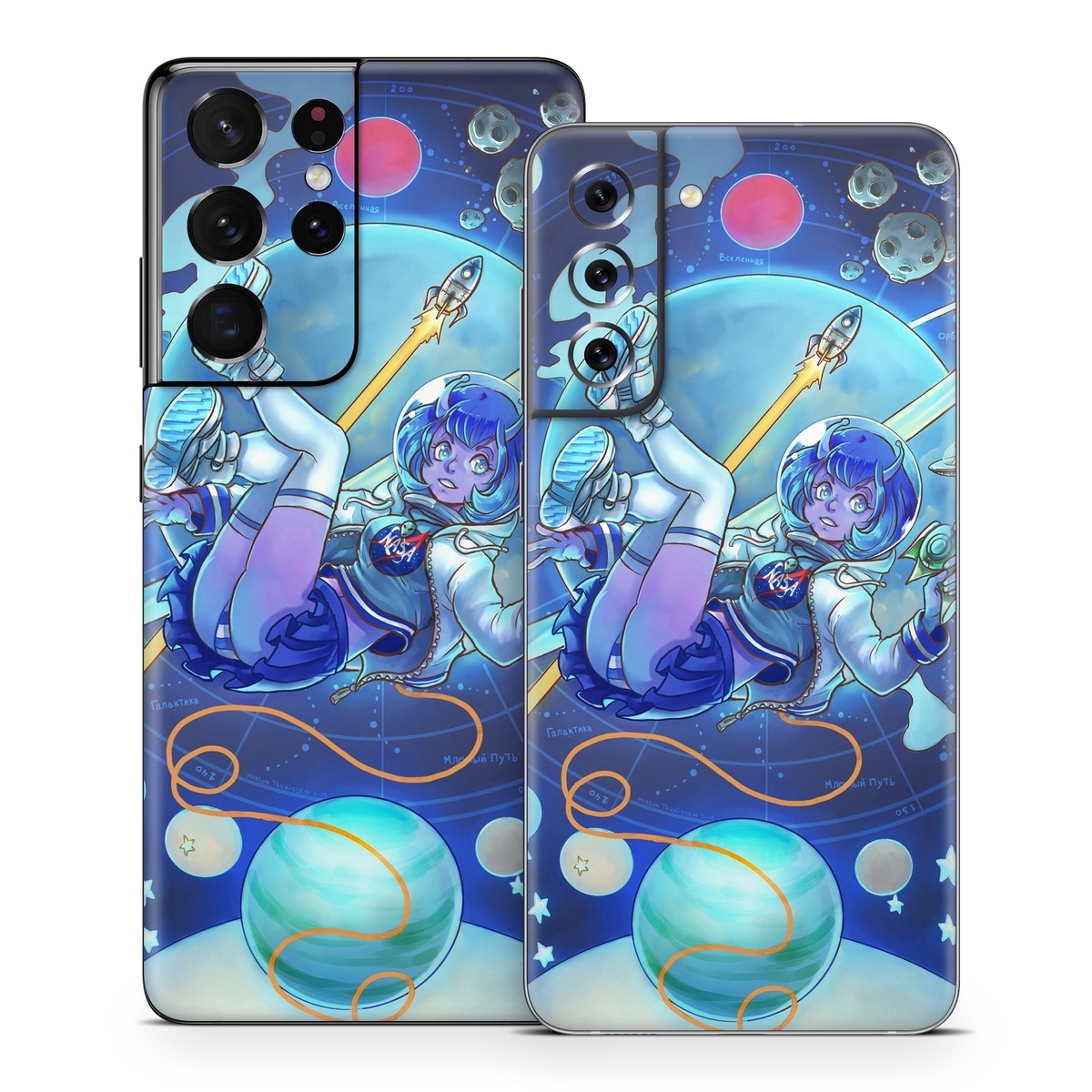 Samsung Galaxy S21 Series Skin design of Cartoon, Illustration, Graphic design, Games, Space, Design, Anime, Art, Graphics, Fictional character, with blue, white, yellow, purple, green, red, orange, black colors