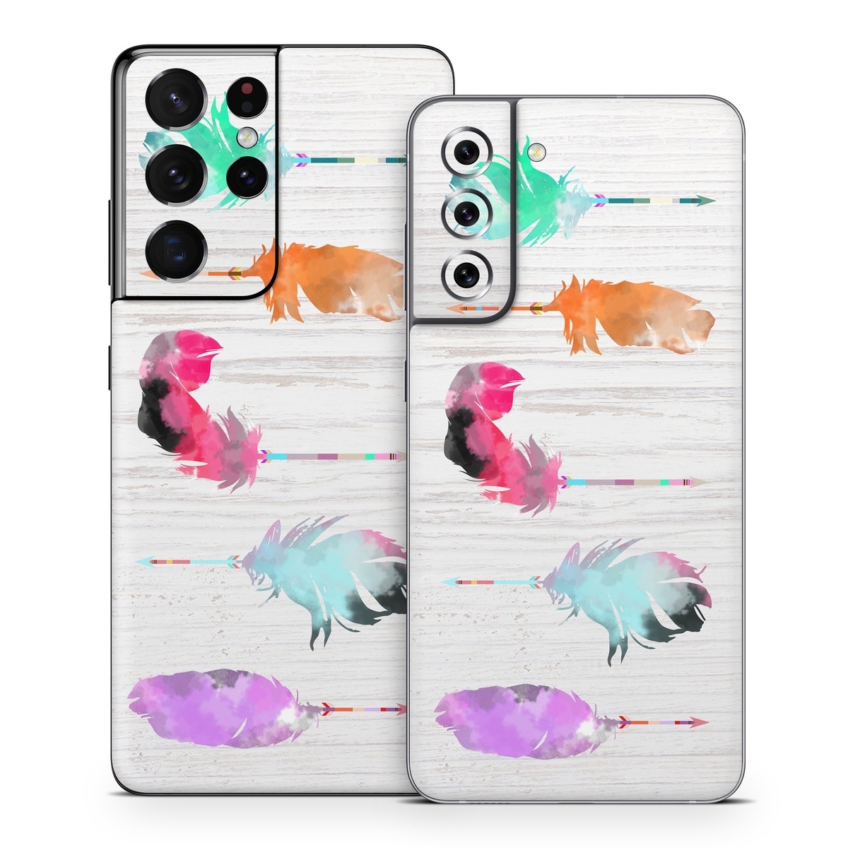 Samsung Galaxy S21 Series Skin design of Pink, Watercolor paint, Illustration, Feather, Design, Art, Painting, Graphic design, Visual arts, Drawing, with white, orange, red, blue, pink, purple, green colors
