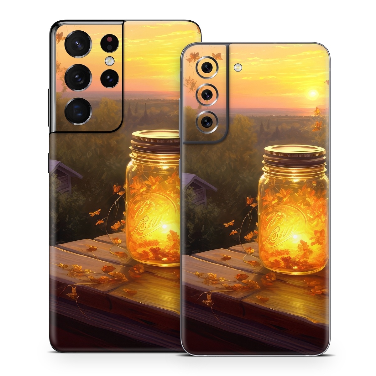 Samsung Galaxy S21 Series Skin design of Sky, Plant, Amber, Candle, Wood, Orange, Sunlight, Cloud, Sunset, Heat, with yellow, orange, black, green, gray, red colors