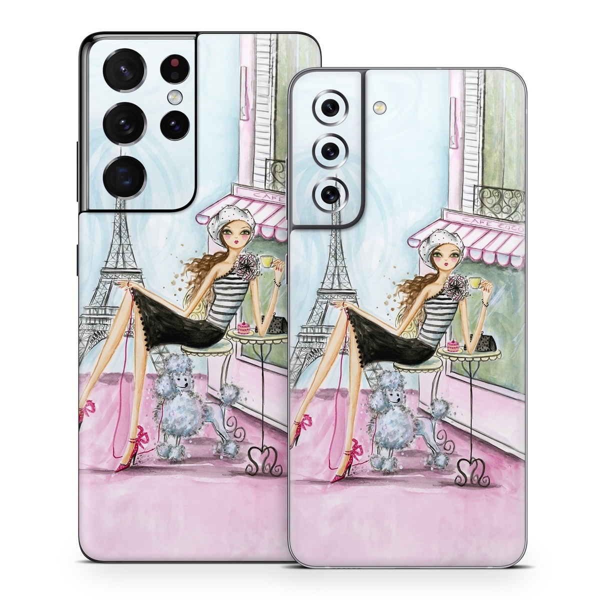 Samsung Galaxy S21 Series Skin design of Pink, Illustration, Sitting, Konghou, Watercolor paint, Fashion illustration, Art, Drawing, Style, with gray, purple, blue, black, pink colors
