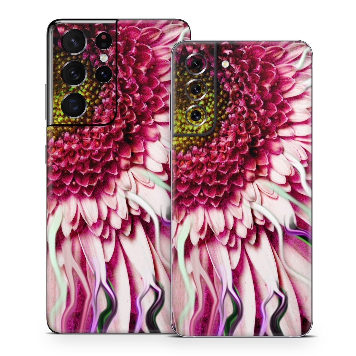 Samsung Galaxy S21 Series Skin design of Flowering plant, Flower, Petal, Plant, Purple, Pink, Gazania, Violet, Gerbera, Chrysanths, with black, gray, red, purple, pink, white colors