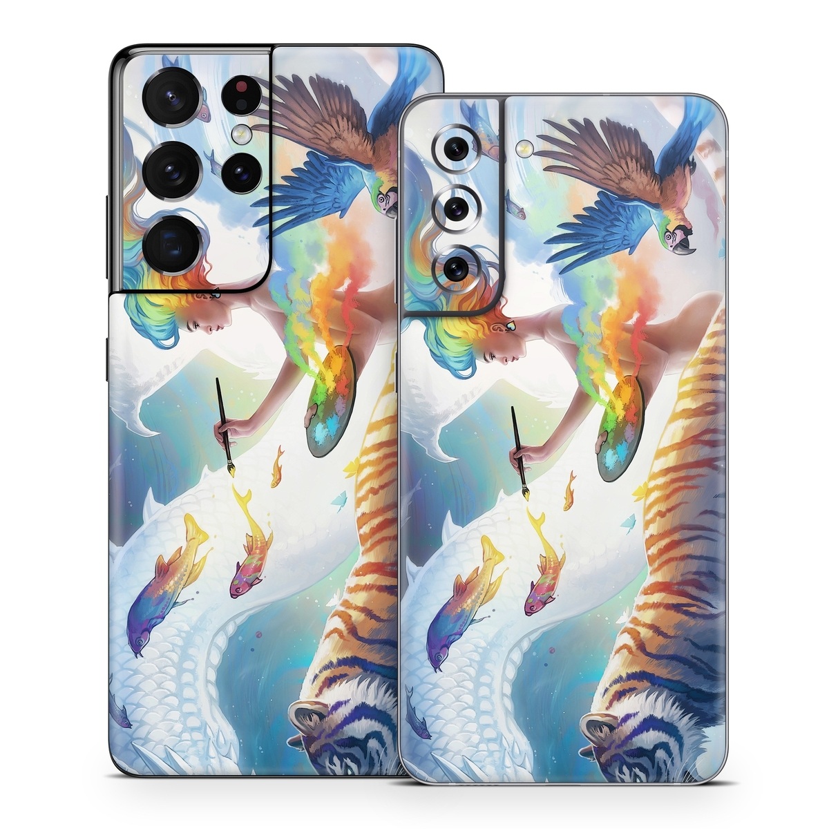 Samsung Galaxy S21 Series Skin design of Siberian tiger, Bengal tiger, Vertebrate, Tiger, Felidae, Mammal, Water, Carnivore, Art, Painting, with blue, red, yellow, orange, green, purple, black, white colors