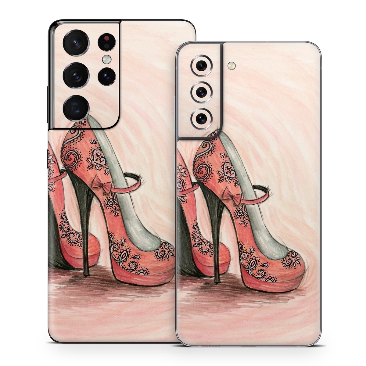 Samsung Galaxy S21 Series Skin design of Footwear, High heels, Shoe, Pink, Court shoe, Illustration, Leg, Basic pump, Peach, Painting, with pink, gray, red, white, black, green colors