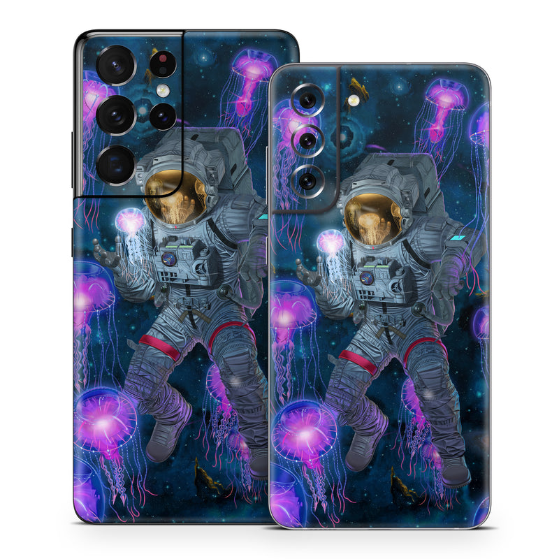 Samsung Galaxy S21 Series Skin design of Light, Blue, Purple, World, Astronaut, Art, Astronomical object, Space, Cg artwork, Electric blue, with black, blue, gray, white, purple, yellow, red, brown colors