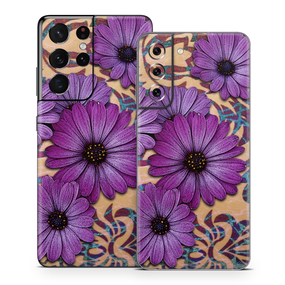 Samsung Galaxy S21 Series Skin design of Purple, Flower, Violet, Petal, Plant, african daisy, Floral design, Wildflower, Pattern, Textile, with purple, black, gray, blue, green, red colors