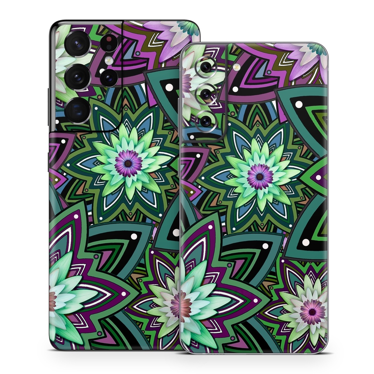 Samsung Galaxy S21 Series Skin design of Pattern, Purple, Green, Flower, Psychedelic art, Design, Lilac, Plant, Symmetry, Visual arts, with black, gray, green, purple, blue, red colors