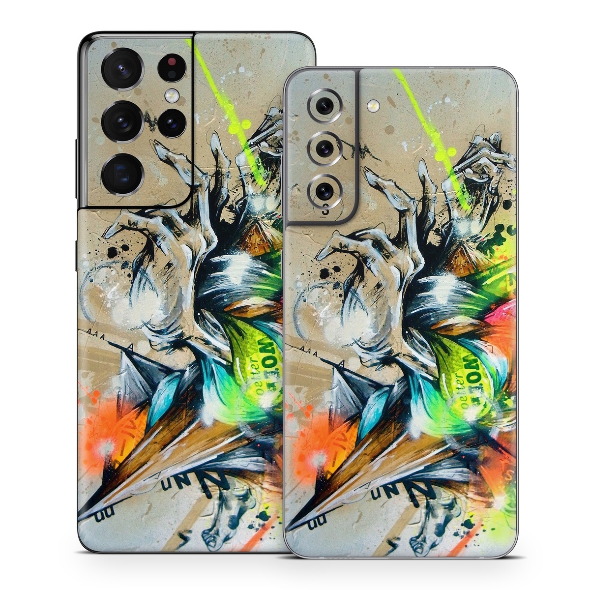 Samsung Galaxy S21 Series Skin design of Graphic design, Art, Illustration, Fictional character, Visual arts, Graphics, Painting, Watercolor paint, Modern art, Games, with gray, black, green, red, orange, pink colors