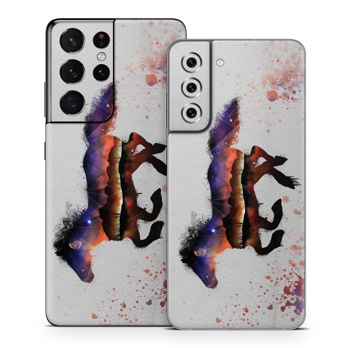 Samsung Galaxy S21 Series Skin design of Watercolor paint, Illustration, Art, Horse, Paint, Drawing, Graphic design, Painting, Visual arts, Mustang horse, with gray, white, purple, red, yellow, black, orange colors