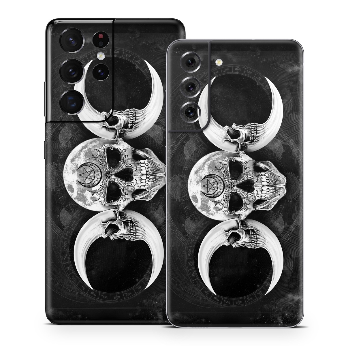 Samsung Galaxy S21 Series Skin design of Bone, Skull, Darkness, Monochrome, Black-and-white, Circle, Symmetry, Visual Arts, Illustration, Skeleton, Drawing, with black, white, gray colors