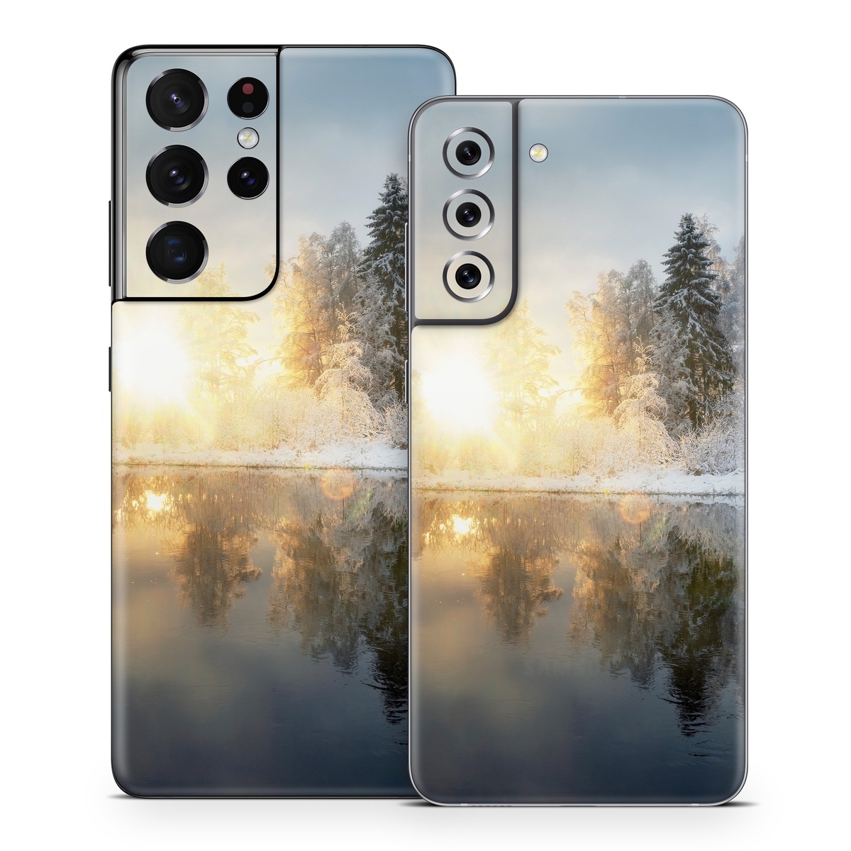 Samsung Galaxy S21 Series Skin design of Cloud, Water, Sky, Water resources, Atmosphere, Plant, Natural landscape, Branch, Tree, Freezing, with blue, black, yellow, orange, white colors