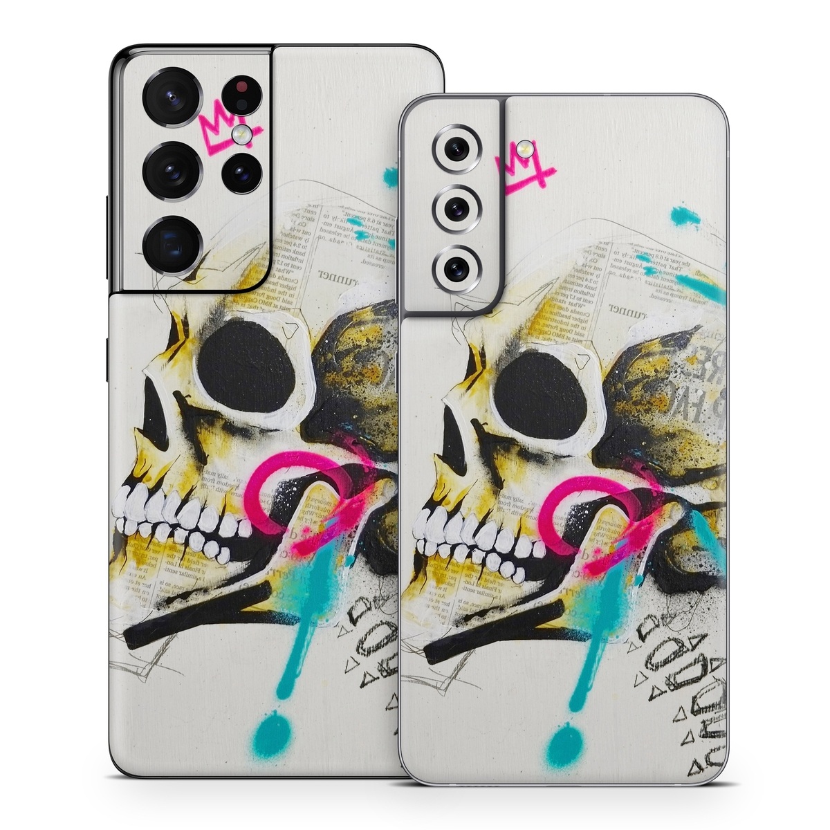 Samsung Galaxy S21 Series Skin design of Graphic design, Skull, Illustration, Art, Bone, Drawing, Visual arts, Font, Modern art, Street art, with blue, pink, yellow, black colors