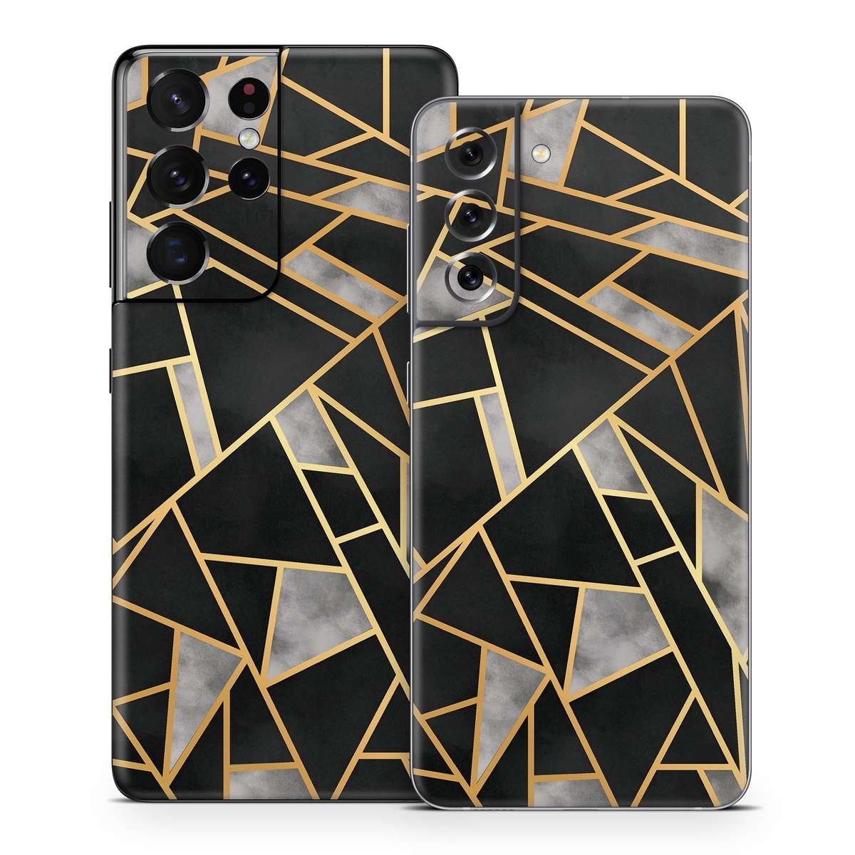 Samsung Galaxy S21 Series Skin design of Pattern, Triangle, Yellow, Line, Tile, Floor, Design, Symmetry, Architecture, Flooring, with black, gray, yellow colors