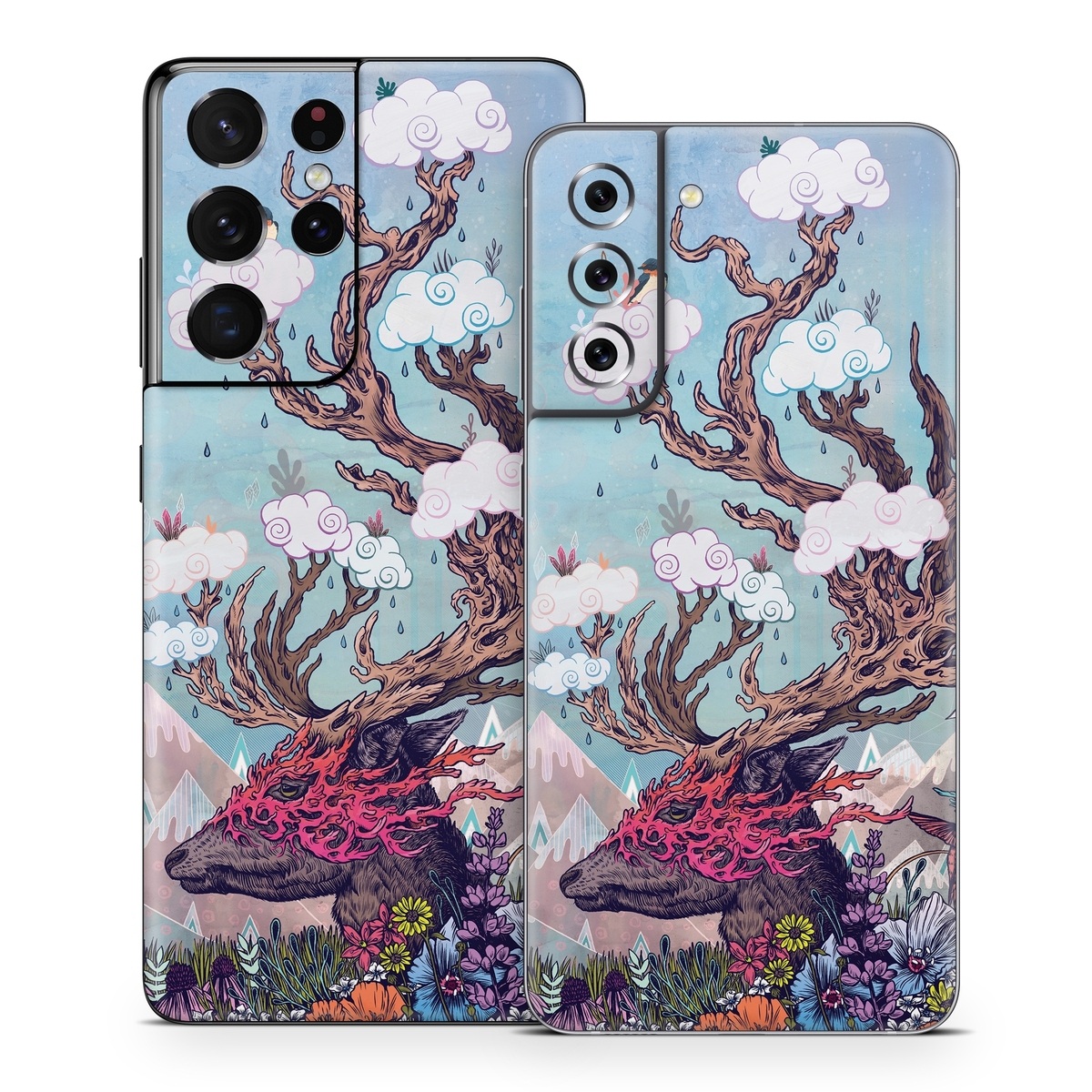 Samsung Galaxy S21 Series Skin design of Illustration, Tree, Watercolor paint, Painting, Art, Plant, Acrylic paint, Fictional character, Flower, Blossom, with gray, black, red, purple, blue colors