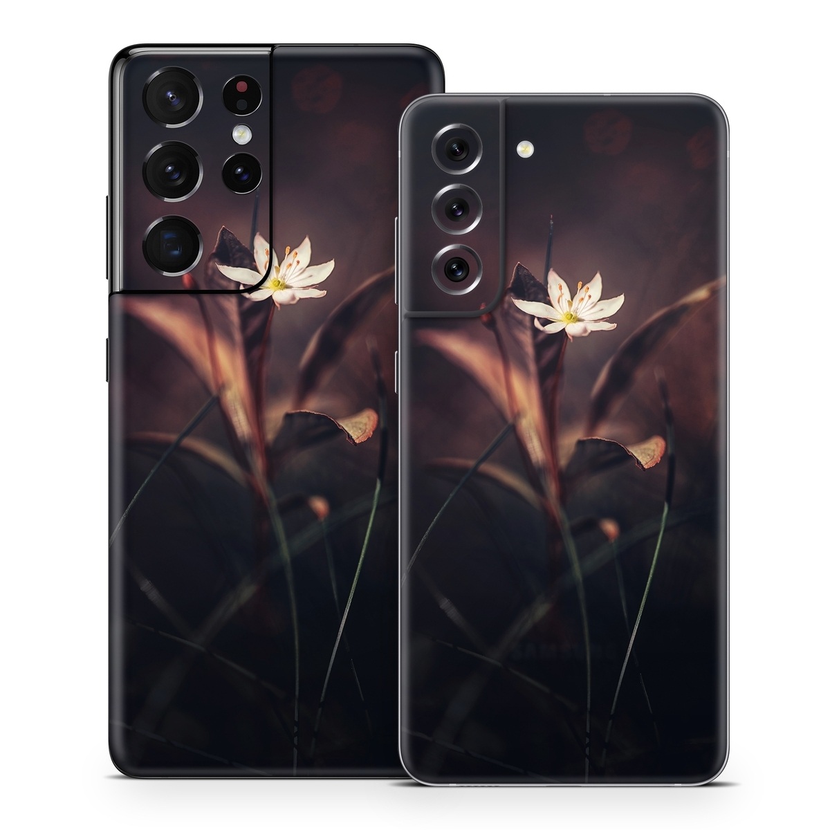 Samsung Galaxy S21 Series Skin design of Flower, Yellow, Light, Plant, Sky, Still life photography, Wildflower, Petal, Darkness, Spring, with black, red colors